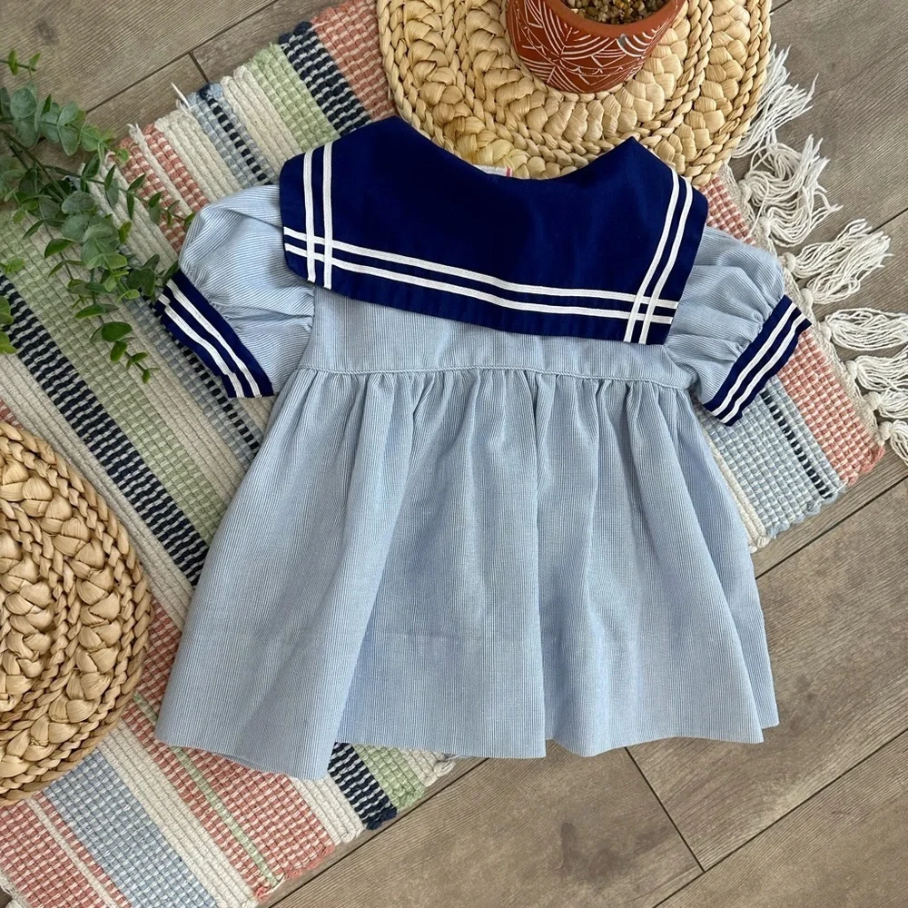 Vintage Nautical Sailor Dress Embroidered Sailboat 24 Months Baby Toddler Girl